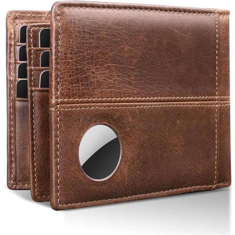 AirTag Wallet Mens RFID Blocking Genuine Bifold Leather Wallets